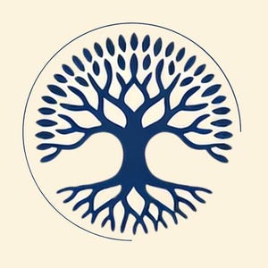 May include: A navy blue tree of life design within a circle. The tree features a detailed trunk, branches, and roots, with a symmetrical arrangement. The background is a light beige color, creating a contrast with the dark blue tree.
