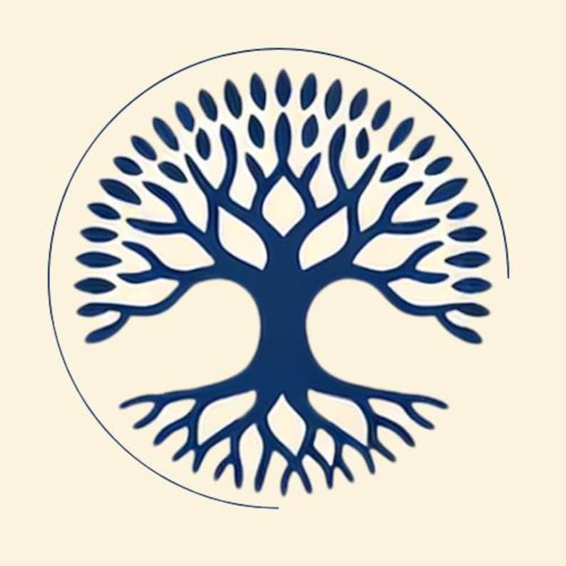 May include: A navy blue tree of life design within a circle. The tree features a detailed trunk, branches, and roots, with a symmetrical arrangement. The background is a light beige color, creating a contrast with the dark blue tree.