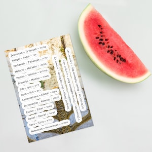 Feuille d'autocollants n° 2 sur 2 de la page de titre de la Bible en tanakh. Texte en anglais, translittération et hébreu pour chaque livre de la Bible