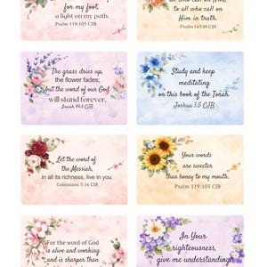 May include: Set of eight inspirational cards with floral borders and Bible verses. Each card features a different verse in a decorative font, with flowers in shades of pink, yellow, blue, and purple.