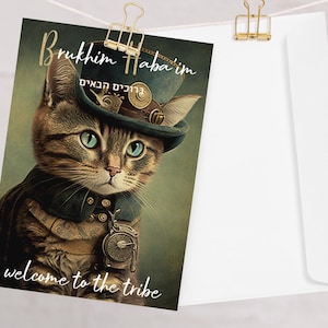 Tarjeta de felicitación para conversos. Ideal para conversos al judaísmo o mesiánicos. Nuevos judíos a la fe. Gato steampunk vintage con sombrero.
