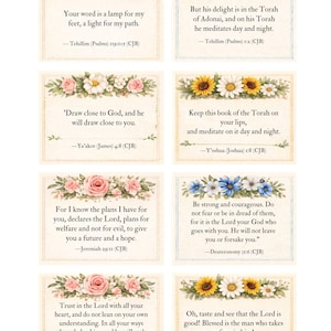 May include: Set of eight cards with inspirational quotes from the Bible. Each card features a floral border with text in a classic font. The cards are rectangular and have a cream-colored background.