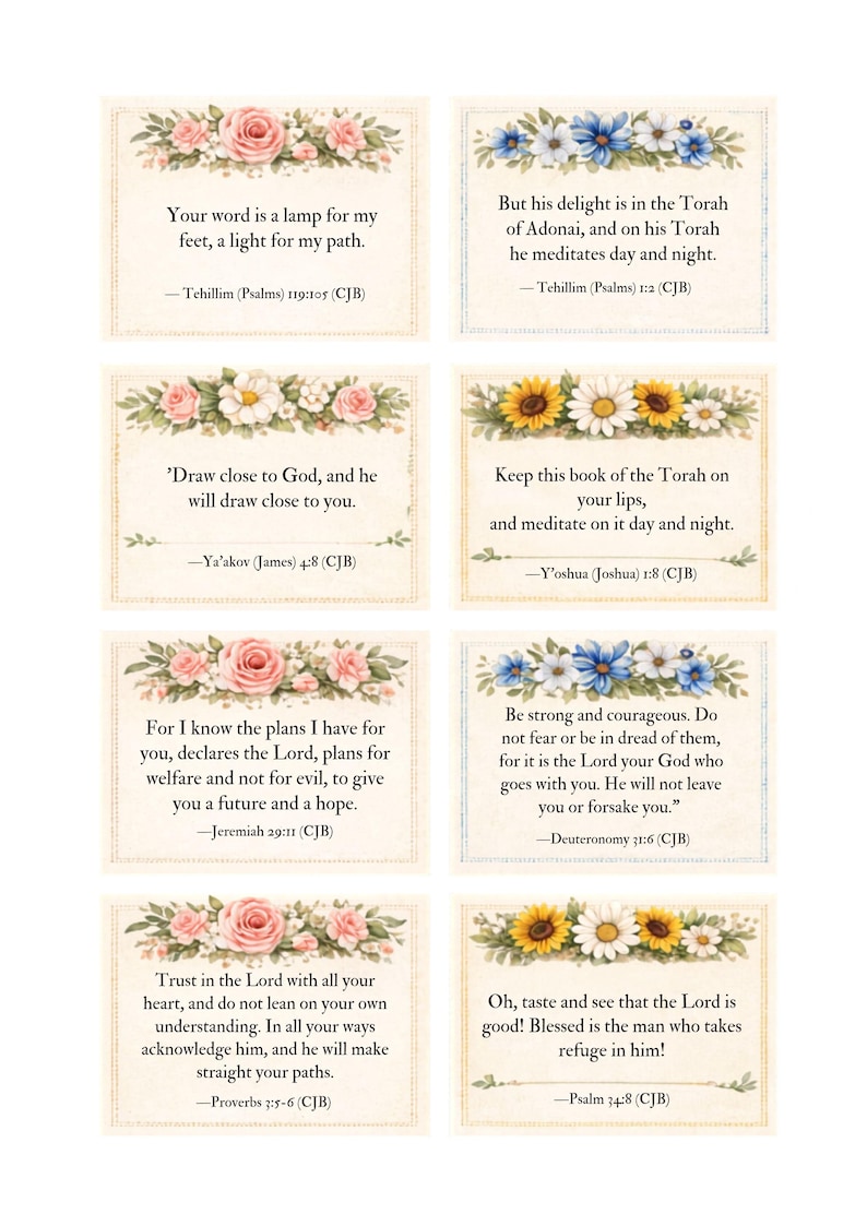 May include: Set of eight cards with inspirational quotes from the Bible. Each card features a floral border with text in a classic font. The cards are rectangular and have a cream-colored background.