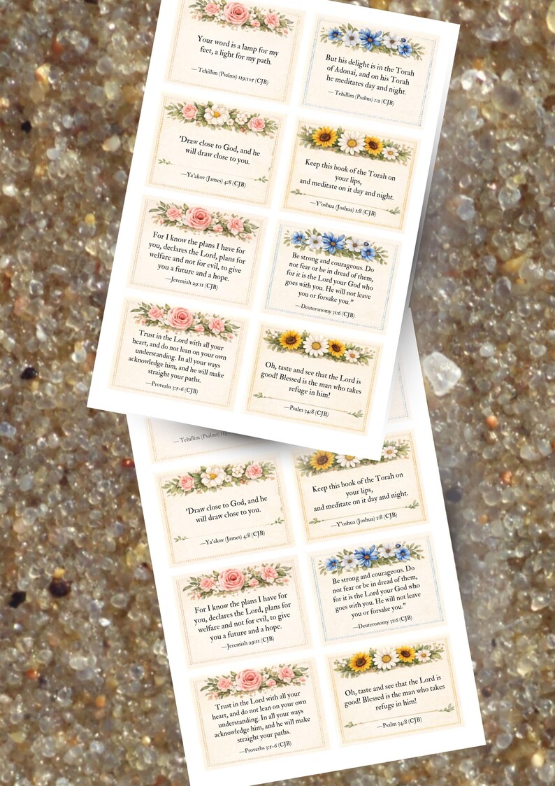 May include: A collection of rectangular stickers with floral borders and inspirational quotes. The stickers feature various flower designs, including roses and sunflowers, and are printed with text from religious scriptures.