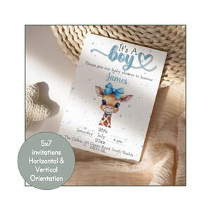 Baby Boy Giraffe Gender Reveal Baby Shower Invitation Cards, Edit Online Print At Home Portrait And Landscape 5x7 Digital Templates #2646