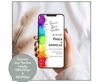 Evite aquarelle arc-en-ciel Gay Save The Date, Lesbian Gay Save Our Date, invitation électronique, modèle numérique de mariage moderne sans papier