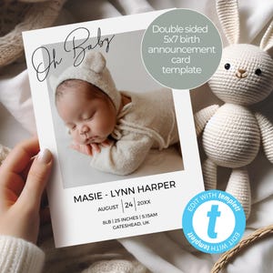 Personalised Editable Photo Baby Announcement Thank You Card, Double-Sided Digital Template, Online Edit with Templett, Instant Download