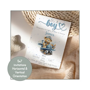 Tarjeta para revelar el género de un bebé niño, plantilla de invitación digital editable para baby shower con un oso azul en un avión, juego de invitaciones de 5x7 n.° 2646