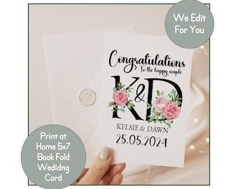 Tarjeta de boda personalizada con nombre y fecha de 5x7, tarjeta de boda imprimible, tarjeta de boda con carta de monograma inicial de rosa rosa para los recién casados #P1