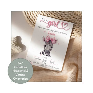 Baby Zebra Its A Girl Gender Reveal Baby Shower Invitations, 5x7 Baby Shower Invite Templates Editable, Cute Pink Zoo Animal Invites #2648