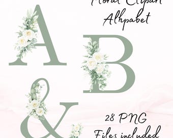 Sage Green Floral Alphabet PNG A–Z, Transparent Clipart for Sublimation Card Making, Monogram Letters for Weddings and Crafts #FA