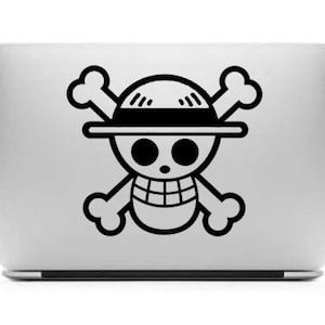 May include: A black and white sticker of a skull wearing a straw hat with crossed bones behind it. The sticker is on a silver laptop.