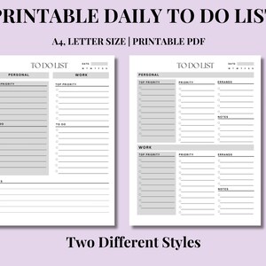 Può includere: Due modelli di lista di cose da fare giornaliere stampabili in formato A4 o lettera. Il primo modello ha sezioni per personale, lavoro e note. Il secondo modello ha sezioni per personale, priorità, commissioni e note.