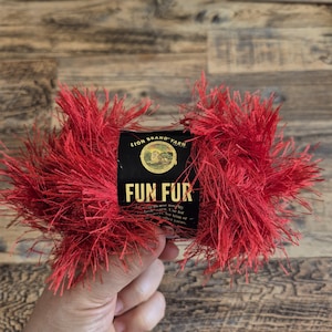 2 Skeins Lion Brand Fun Fur Yarn, Red #113, Lot 10244, Discontinued Eyelash Yarn, Soft Fluffy Novelty Yarn for Knitting & Crochet Vintage