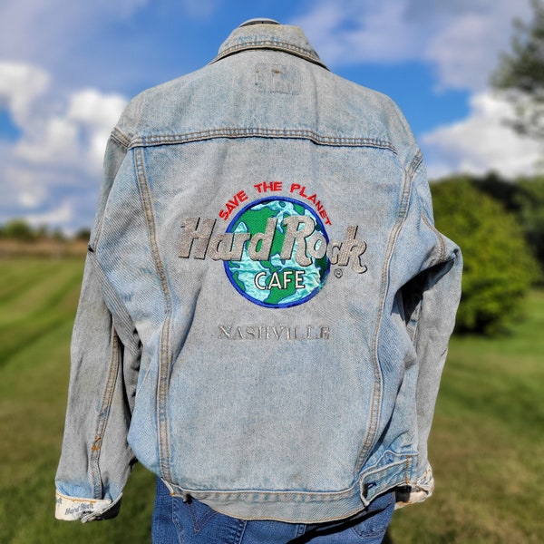 Vintage Hard Rock Cafe Jean Jacket - Early 90's from Nashville, TN - Light Blue Denim, Save the Planet embroidered logo - Good Condition