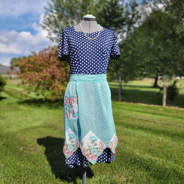 Vintage Apron in Sheer Aqua Blue with Darling floral Handkerchief Details - 1950s 1960s Era Hostess or cooking Apron, handmade unique retro