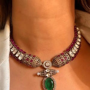 Emerald Green Ruby Pink Kundan Necklace Sabyasachi Inspired Moissanite Polki Fine Kundan Bridal Necklace Set Indian Choker
