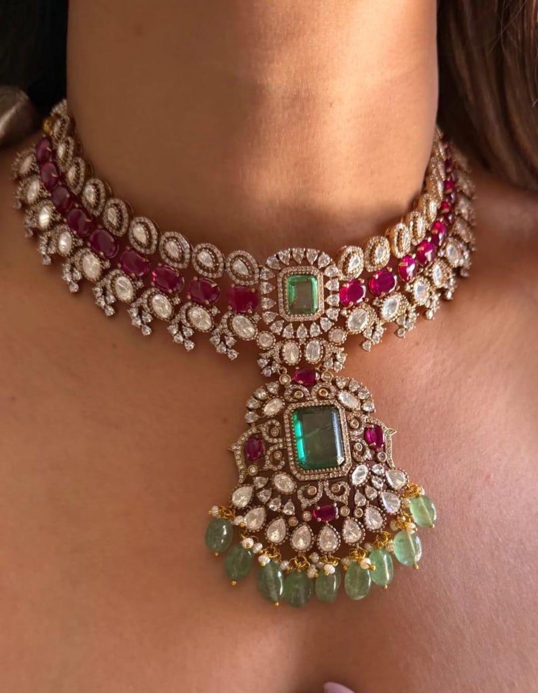 Watermelon Agate Kundan Polki Choker Necklace with Onyx