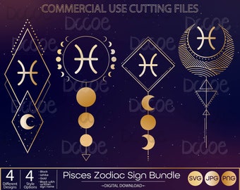 Pisces Zodiac Sign Bundle svg | Celestial svg | Astrology Horoscope Zodiac Art Svg | Zodiac Symbols png | Horoscope svg | Crescent Moon svg