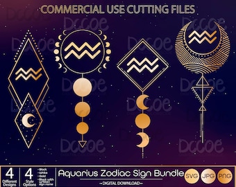 Aquarius Zodiac Sign Bundle svg | Celestial svg | Astrology Horoscope Zodiac Art Svg | Zodiac Symbols png | Horoscope svg | Crescent Moon