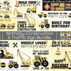 Może przedstawiać: Zestaw 28 grafik urodzinowych z motywem budowy i znaków drogowych. Grafiki przedstawiają żółte pojazdy budowlane, takie jak dźwig, buldożer, wywrotka i walec drogowy. Grafiki zawierają również znaki drogowe, takie jak znak stop, znak budowy i znak ustąp pierwszeństwa. Grafiki idealnie nadają się na imprezę urodzinową z motywem budowy.