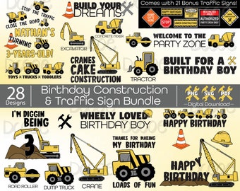 Birthday Construction & Traffic Signs SVG Bundle | Kids Dump Truck Excavator Crane Road Roller Wheels Tires Tractor Happy Birthday Designs