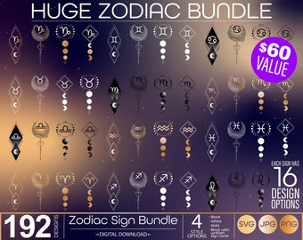 Mega Zodiac Bundle | Celestial Zodiac Sign SVG | Astrology Horoscope SVG | Zodiac Symbols png | Large Volume Cut File SVG | Moon Phase svg