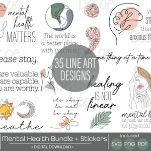 Puede incluir: Un conjunto de 35 diseños de arte lineal para la concienciación sobre la salud mental. Los diseños presentan frases como "la salud mental importa", "la curación no es lineal" y "eres más fuerte que tus pensamientos ansiosos". Los diseños están en blanco y negro con toques de color rosa, verde y amarillo.