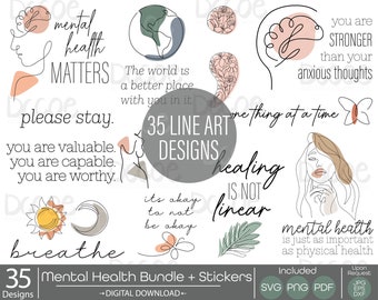 Mental Health Awareness svg Bundle | Positive Mental Health Matters Line Art stickers | Self Love Inspirational Boho Calming Cricut Cut File