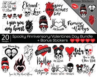 Spooky Anniversary Valentines Day Svg Bundle | Creepy Vday svg | Skulls svg | Crossbones svg | Skeleton svg | Stickers svg | Cricut cut file
