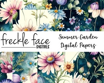 Summer Garden Digital Paper, Printable Sublimation Designs, Summer Flowers, Watercolor Flower Backgrounds, 12x12