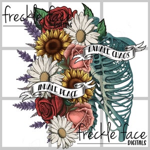 Esqueleto floral PNG de sublimación, imprimible, para inhalar paz y exhalar caos