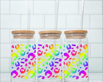 Rainbow Leopard Animal Print 16oz Glass Can Wrap