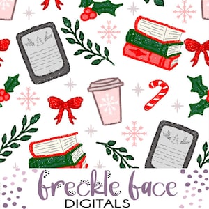 May include: A festive digital pattern featuring Christmas-themed illustrations. The design includes stacks of books, holly, bows, snowflakes, coffee cups, and candy canes in red, green, and pink on a white background. The text "freckle face DIGITALS" is at the bottom.