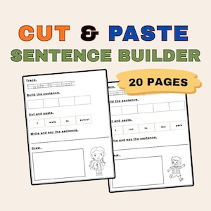 Può includere: Foglio di lavoro educativo intitolato "CUT & PASTE SENTENCE BUILDER" con il testo "20 PAGES". Il foglio di lavoro include esercizi di costruzione di frasi, tracciatura e attività di disegno. Il design presenta uno sfondo beige chiaro con testo arancione, blu e verde.