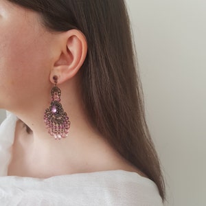 Pink Chandelier Earrings - Pink Statement Earrings - Bronze Dainty Earrings - Boho Bronze Earrings