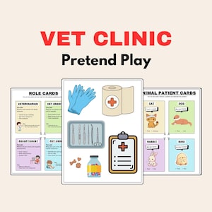 Op de afbeelding: Een set speelkaarten en accessoires voor een dierenkliniek. De afbeelding bevat rollenkaarten, dierenpatiëntenkaarten, medische instrumenten, handschoenen, verbanden en een receptblok. De tekst "VET CLINIC Pretend Play" staat bovenaan.
