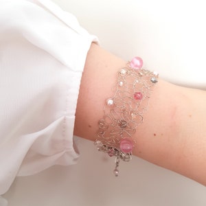 Beaded Wirework Bracelet - Silver Wire Crochet Bracelet - Wire Cuff Bracelet - Knitted Cuff Bracelet