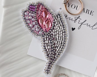 Kit para broche de cuentas - Tulipán rosa plateado, parche bordado DIY y manualidad para hacer joyas