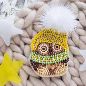DIY Beaded Brooch Jewelry Making Kit  Owl Kuzya in Hat Winter Handmade Bead Embroidery Kit Craft Set Unique Brooch Design for Jewelry Lovers