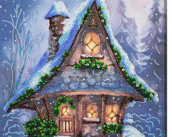 Bead Embroidery Kit on Art Canvas – Winter House DIY Beaded Wall Art