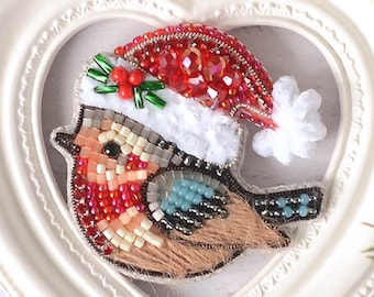 Beaded Brooch Jewelry Making Kit Chubby Bullfinch in Santa's Hat Tela Artis Handmade Accessory