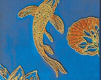 Bead Embroidery Kit auf Art Canvas – Koi Golden Fish auf Blau DIY Perlen Wandkunst
