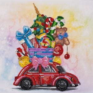DIY Bead Embroidery Kit Gift Machine Festive Red Car Needlepoint Craft Set Beading Kit for Embroidery Stitching with Beads Beadwork Art Set