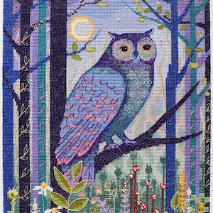 Counted Cross Stitch Kit Dense Forest Owl under Full Moon Design DIY Embroidery