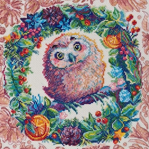 DIY Cross Stitch Kit Owl in Wreath Needlepoint Embroidery Set Craft Kit Cross-Stitch Pattern Handmade Gift Stitching Supplies