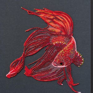 DIY Bead Embroidery Kit Red Gold Betta Fish Beaded Needlepoint Craft Set Beading Kit for Embroidery Stitching with Beads Beadwork Set