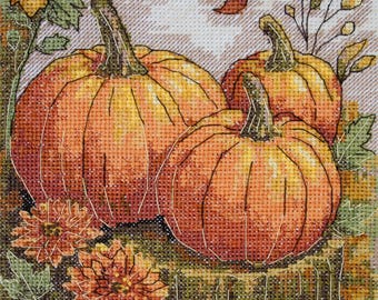 Counted Cross Stitch Kit Autumn Garden Palette Fall Pumpkins Design DIY Embroidery