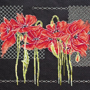 DIY Kreuzstich Kit Mohn Blumen Nadelspitze Stickerei Set Bastelpackung Kreuzstich Muster Handgemachtes Geschenk