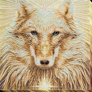 May include: A detailed, close-up image of a wolf's face, created with small, round beads in shades of gold, cream, and brown. The wolf has blue eyes and a symmetrical design. The background is a gradient of gold and cream.